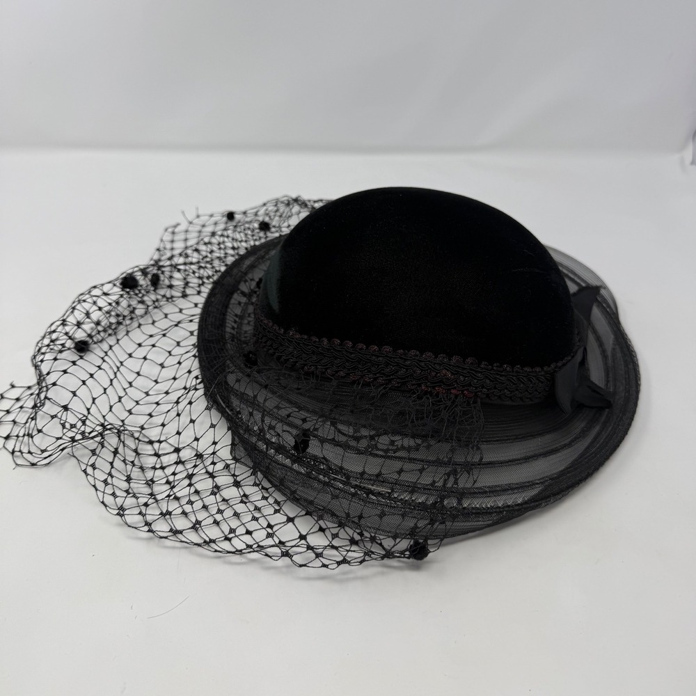 Vintage Black Velvet Pillbox Hat with Birdcage Veil and Grosgrain Bow Fascinator